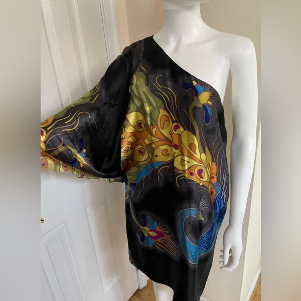 Tibi Silk One Shoulder Mini Dress Firebird Peacock Cocktail XS/S Sexy